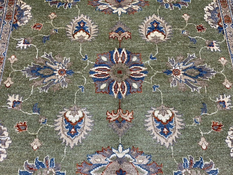 6'5" × 9'5" Hand-Knotted Chobi Wool Rug – Green Field & Ivory Border