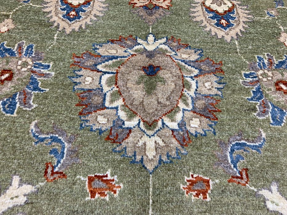 6'5" × 9'5" Hand-Knotted Chobi Wool Rug – Green Field & Ivory Border