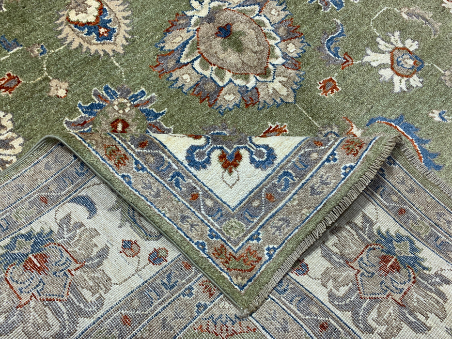 6'5" × 9'5" Hand-Knotted Chobi Wool Rug – Green Field & Ivory Border