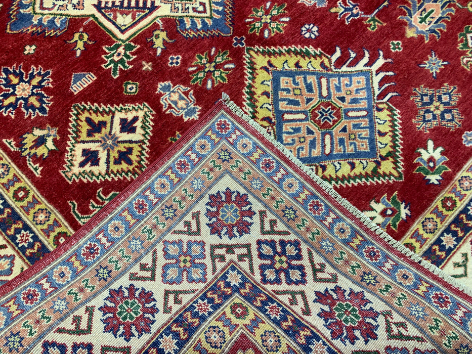 6'5" × 9'5" Hand-Knotted Kazak Wool Rug – Red Field & Ivory Border