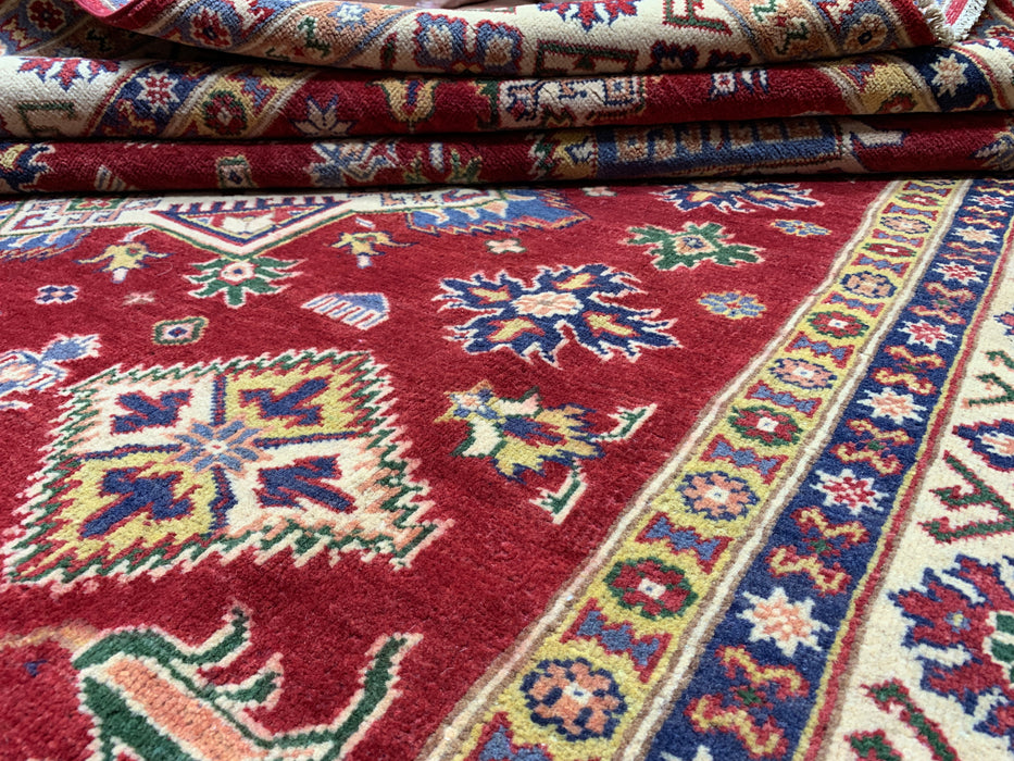 6'5" × 9'5" Hand-Knotted Kazak Wool Rug – Red Field & Ivory Border