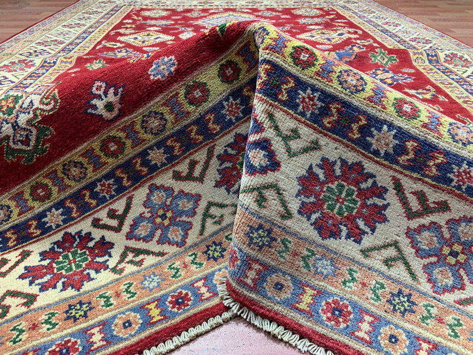 6'5" × 9'5" Hand-Knotted Kazak Wool Rug – Red Field & Ivory Border