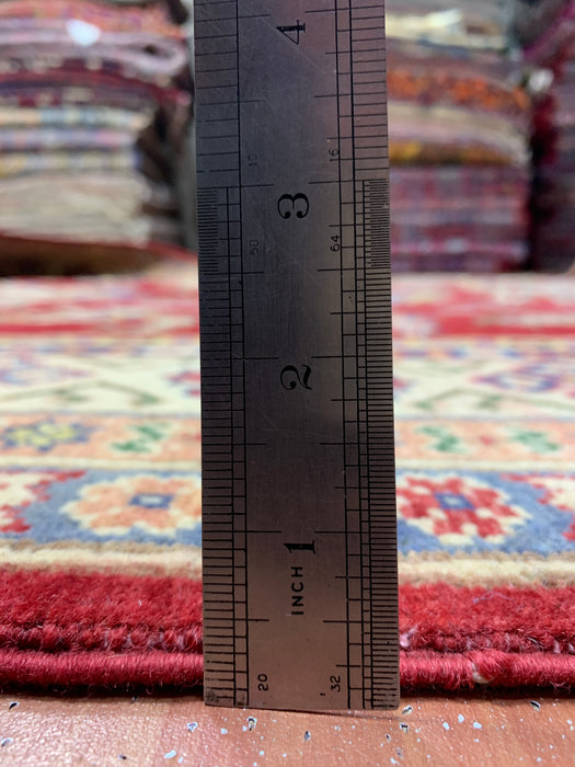 6'5" × 9'5" Hand-Knotted Kazak Wool Rug – Red Field & Ivory Border