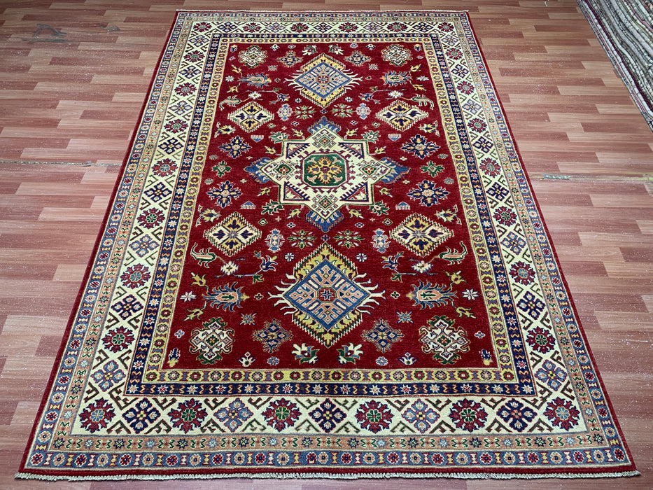 6'5" × 9'5" Hand-Knotted Kazak Wool Rug – Red Field & Ivory Border