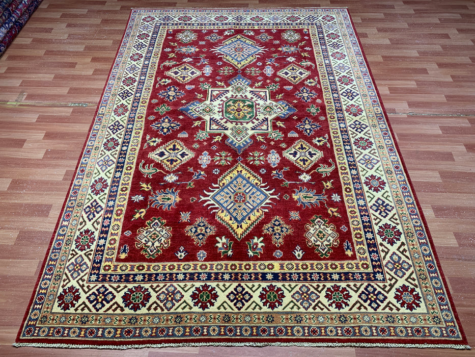 6'5" × 9'5" Hand-Knotted Kazak Wool Rug – Red Field & Ivory Border