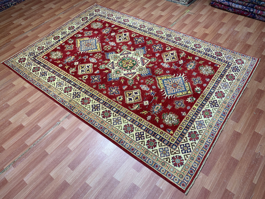 6'5" × 9'5" Hand-Knotted Kazak Wool Rug – Red Field & Ivory Border