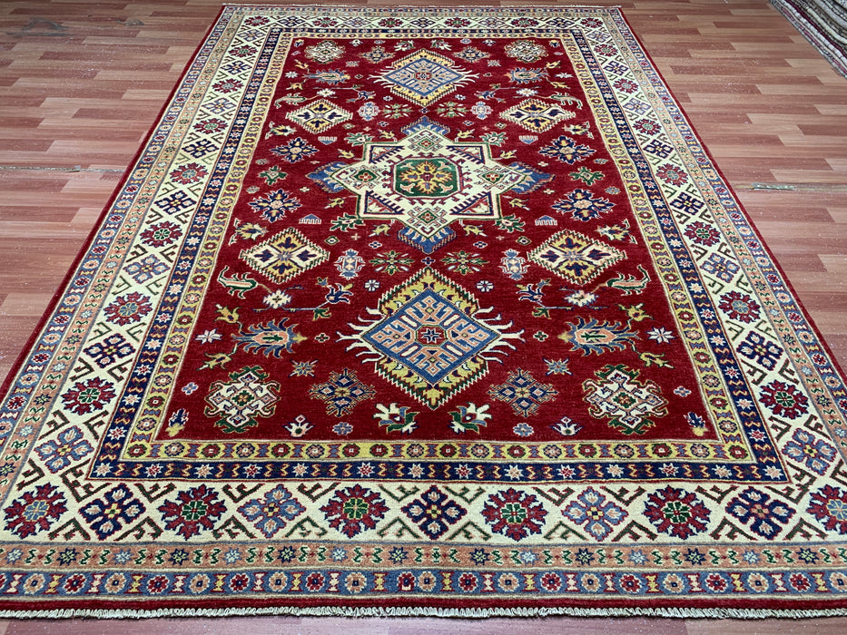 6'5" × 9'5" Hand-Knotted Kazak Wool Rug – Red Field & Ivory Border