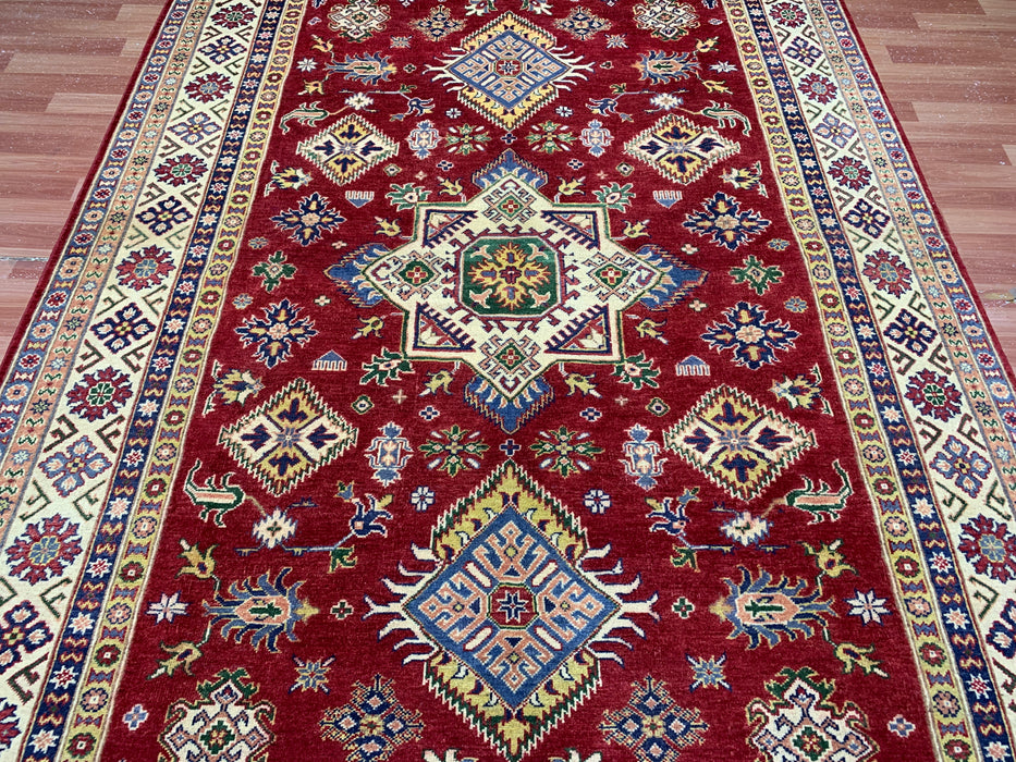 6'5" × 9'5" Hand-Knotted Kazak Wool Rug – Red Field & Ivory Border