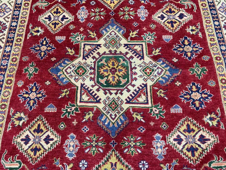 6'5" × 9'5" Hand-Knotted Kazak Wool Rug – Red Field & Ivory Border