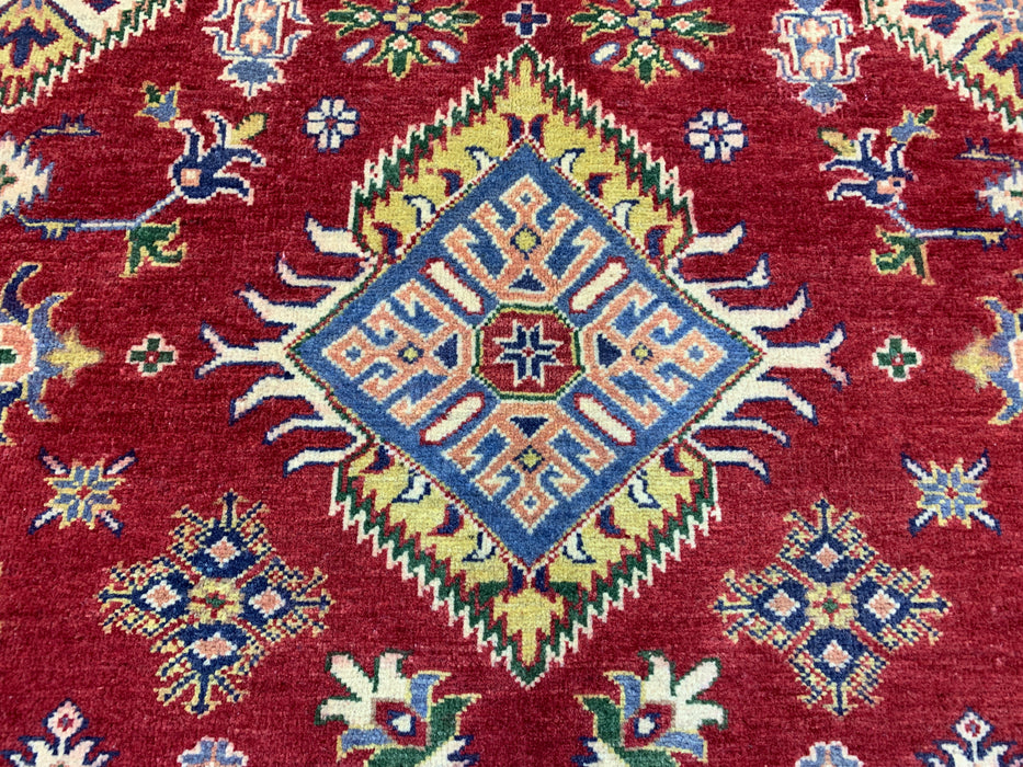 6'5" × 9'5" Hand-Knotted Kazak Wool Rug – Red Field & Ivory Border