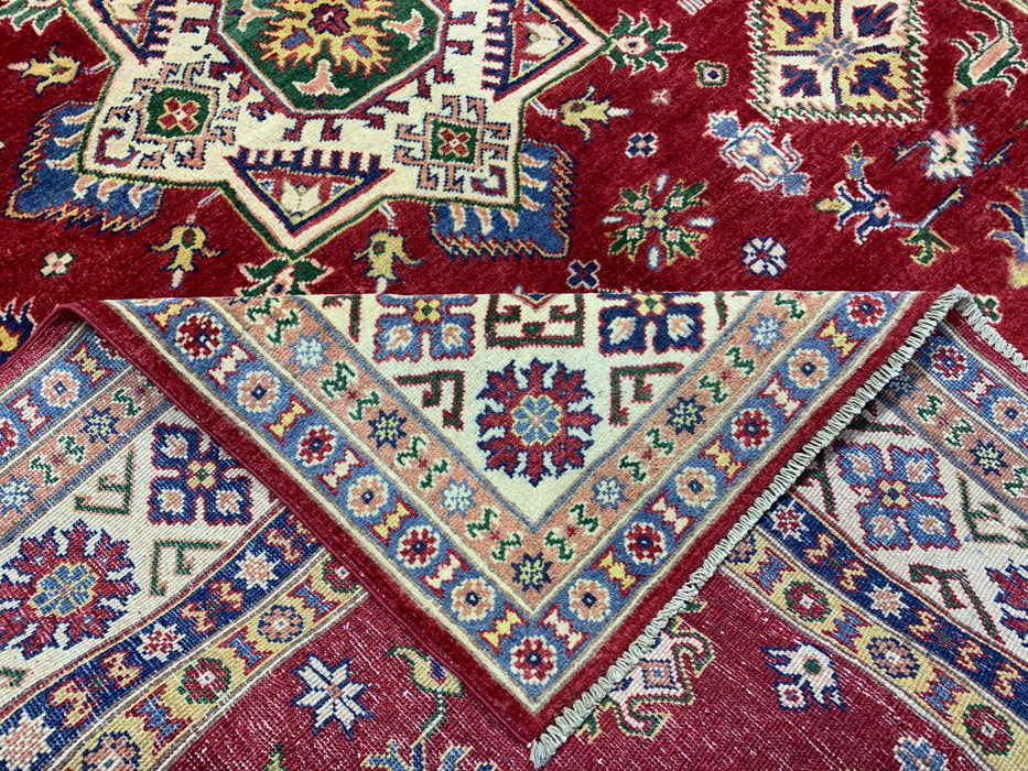 6'5" × 9'5" Hand-Knotted Kazak Wool Rug – Red Field & Ivory Border