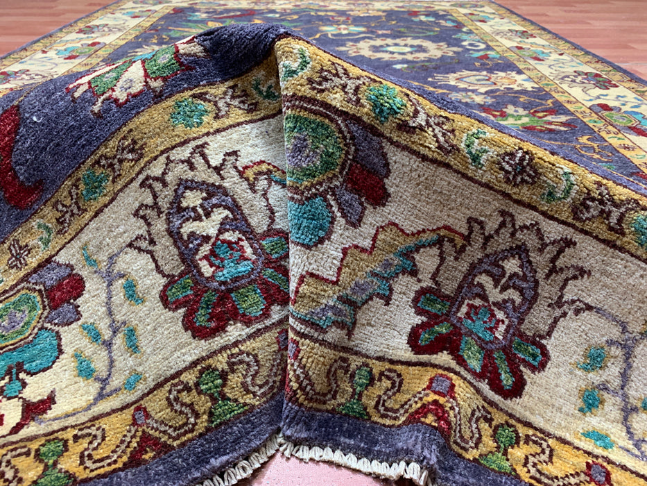 5'6" × 8'4" Hand-Knotted Chobi Wool Rug – Navy Field with Ivory Border