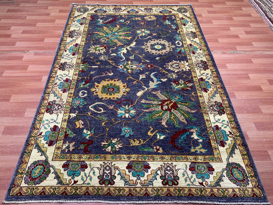 5'6" × 8'4" Hand-Knotted Chobi Wool Rug – Navy Field with Ivory Border