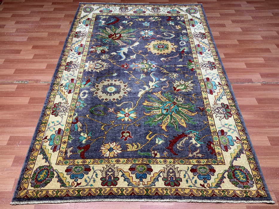 5'6" × 8'4" Hand-Knotted Chobi Wool Rug – Navy Field with Ivory Border