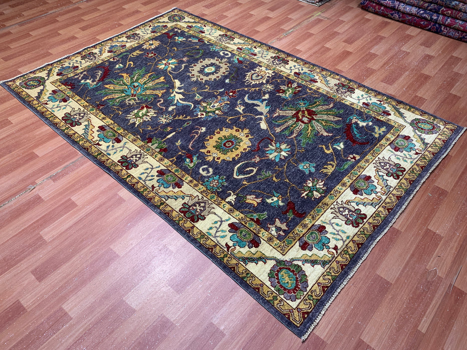 5'6" × 8'4" Hand-Knotted Chobi Wool Rug – Navy Field with Ivory Border