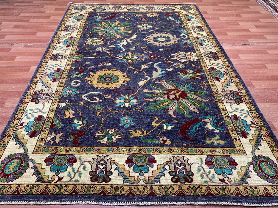 5'6" × 8'4" Hand-Knotted Chobi Wool Rug – Navy Field with Ivory Border