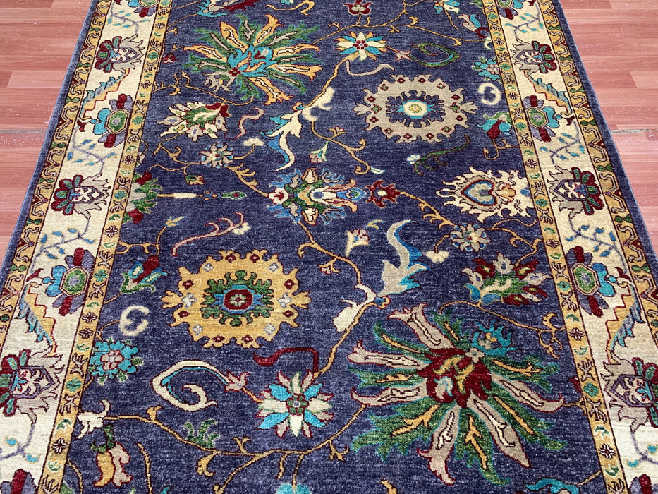 5'6" × 8'4" Hand-Knotted Chobi Wool Rug – Navy Field with Ivory Border