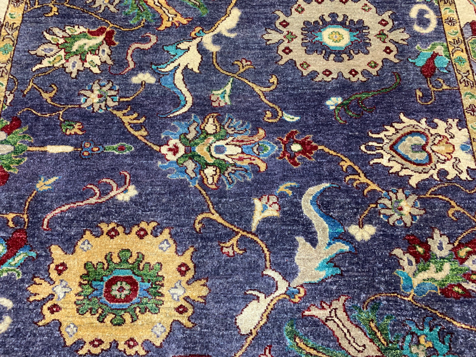 5'6" × 8'4" Hand-Knotted Chobi Wool Rug – Navy Field with Ivory Border