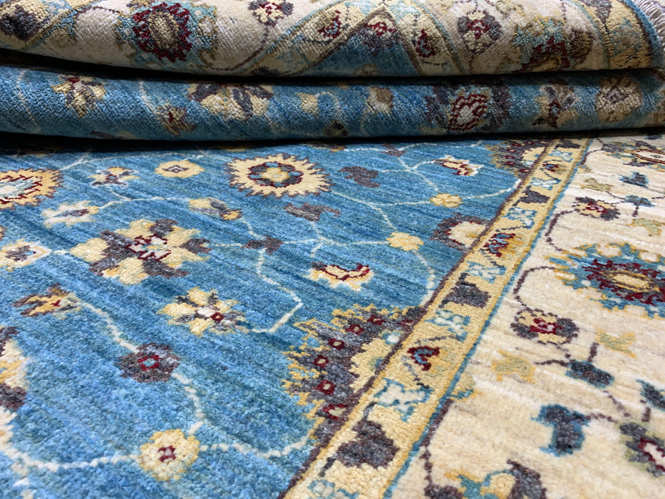 4'x6'  Hand-Knotted Chobi Wool Rug – Aqua Blue Field & Ivory Border