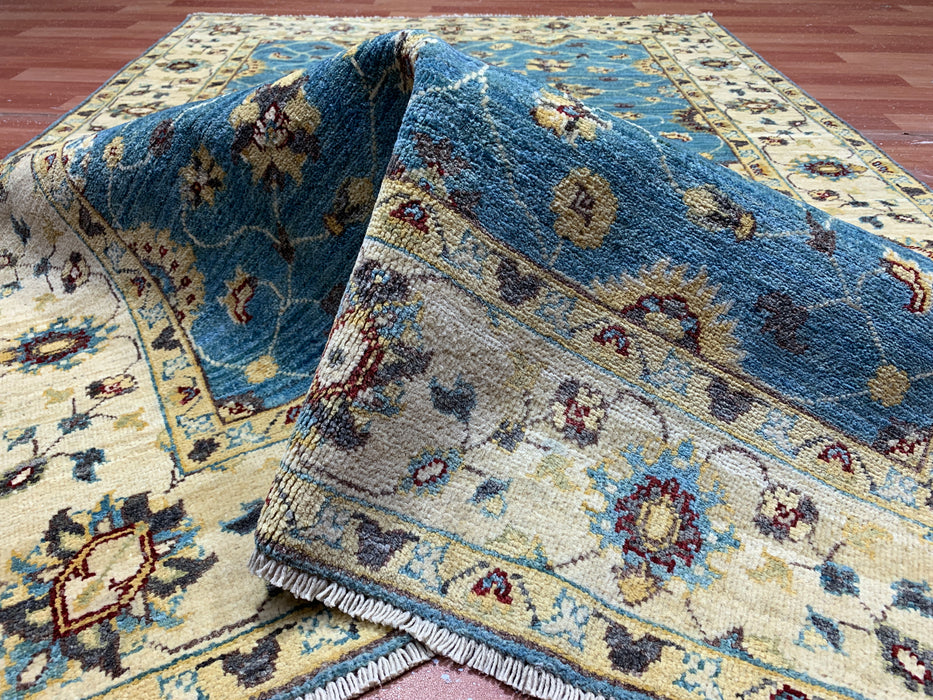 4'x6'  Hand-Knotted Chobi Wool Rug – Aqua Blue Field & Ivory Border