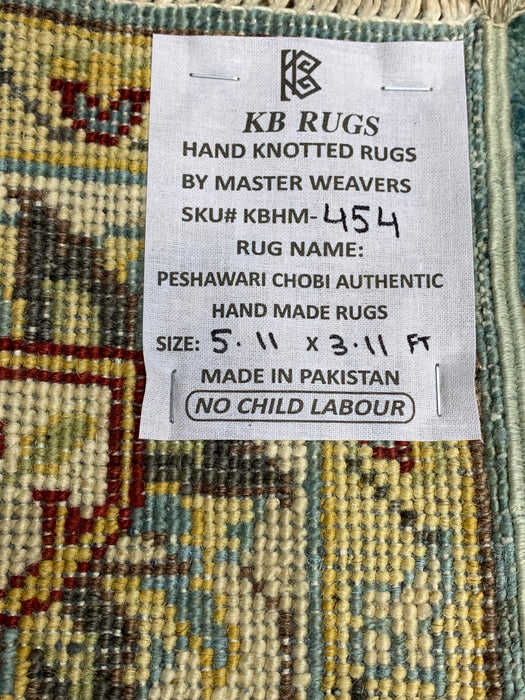 4'x6'  Hand-Knotted Chobi Wool Rug – Aqua Blue Field & Ivory Border