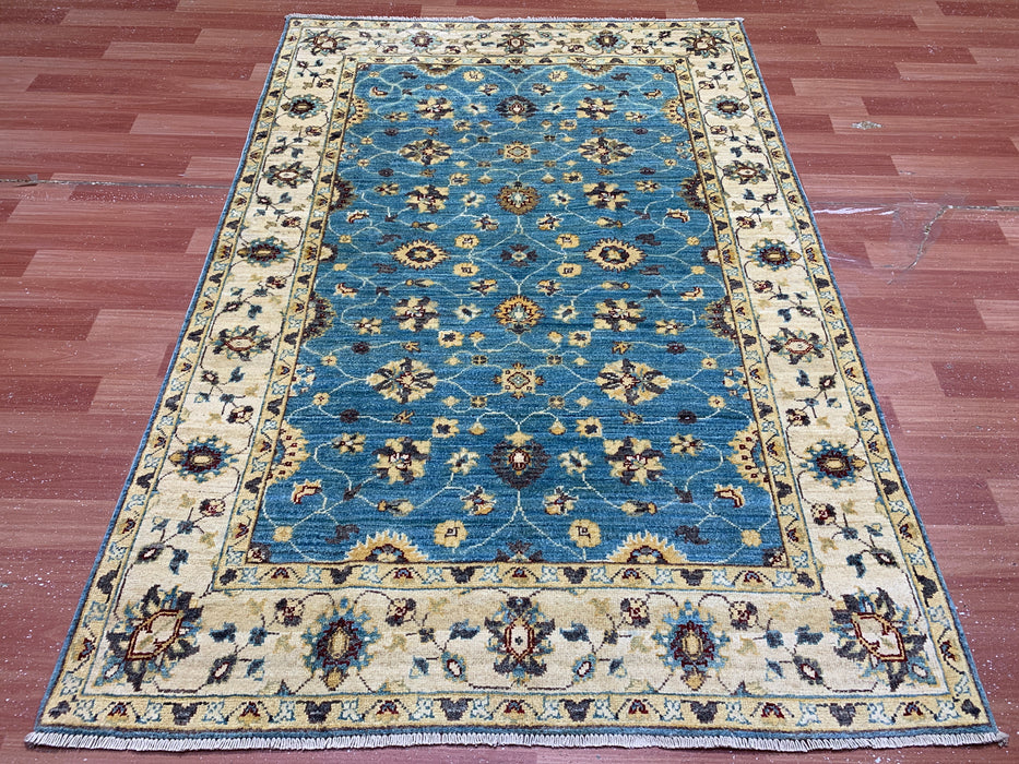 4'x6'  Hand-Knotted Chobi Wool Rug – Aqua Blue Field & Ivory Border