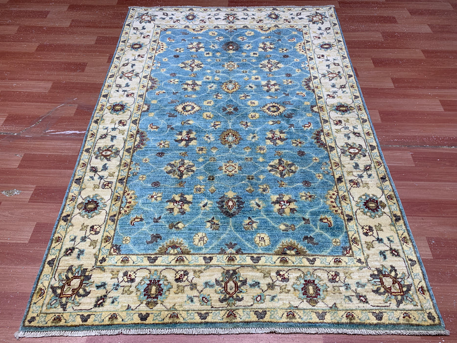4'x6'  Hand-Knotted Chobi Wool Rug – Aqua Blue Field & Ivory Border