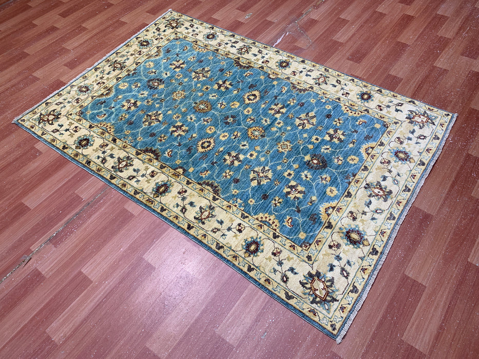 4'x6'  Hand-Knotted Chobi Wool Rug – Aqua Blue Field & Ivory Border