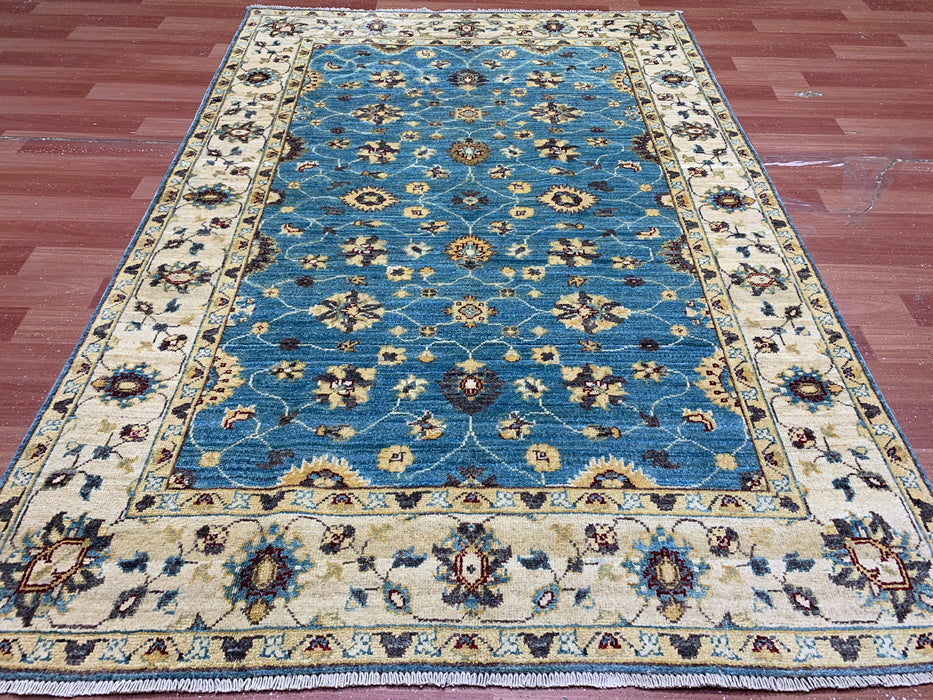 4'x6'  Hand-Knotted Chobi Wool Rug – Aqua Blue Field & Ivory Border