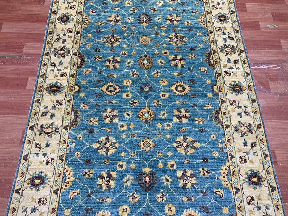 4'x6'  Hand-Knotted Chobi Wool Rug – Aqua Blue Field & Ivory Border
