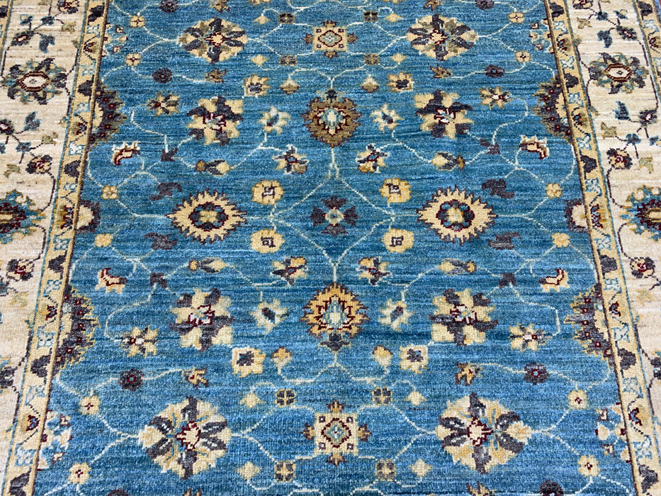 4'x6'  Hand-Knotted Chobi Wool Rug – Aqua Blue Field & Ivory Border
