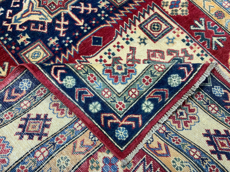 5'4" × 7'11" Hand-Knotted Kazak Wool Rug – Ivory, Red & Navy Geometric Design