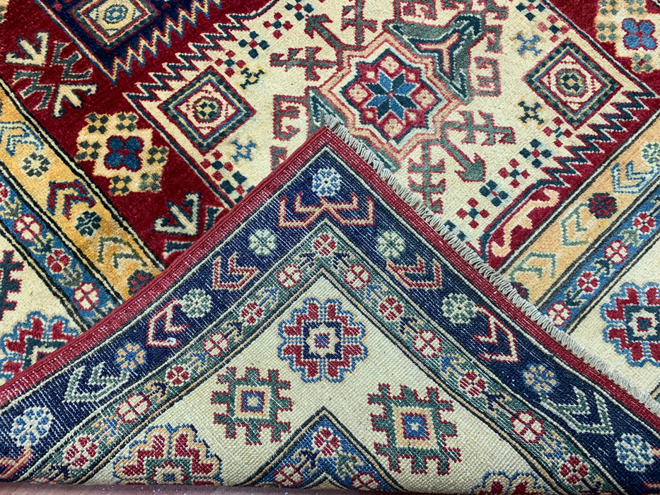 5'4" × 7'11" Hand-Knotted Kazak Wool Rug – Ivory, Red & Navy Geometric Design