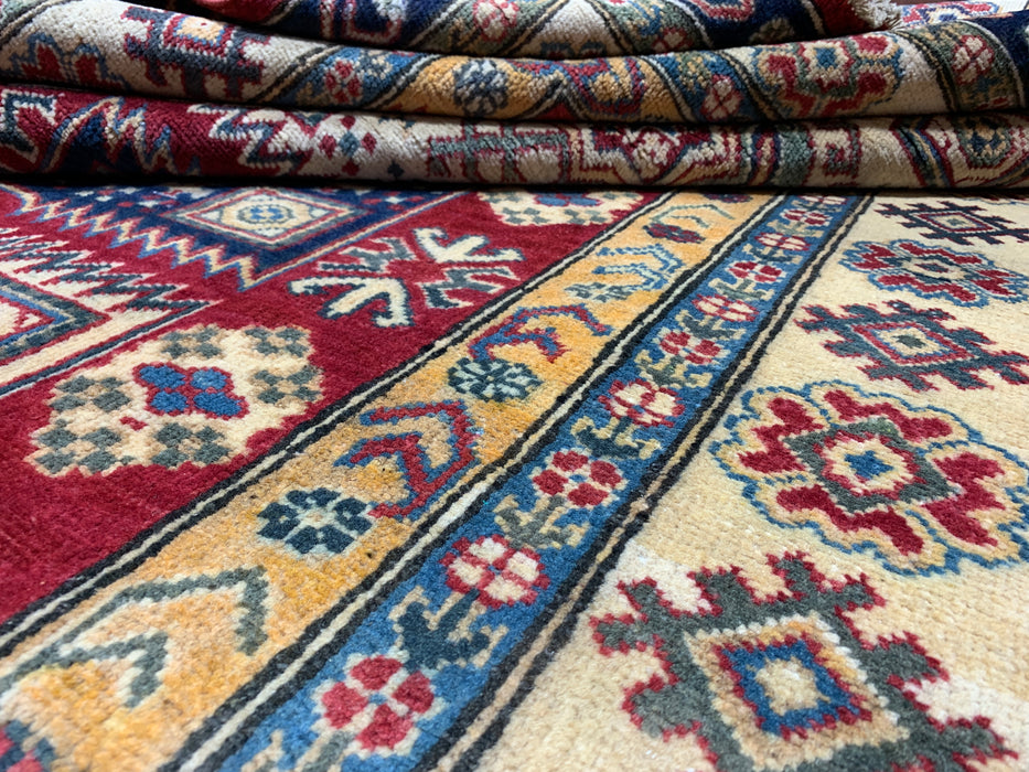 5'4" × 7'11" Hand-Knotted Kazak Wool Rug – Ivory, Red & Navy Geometric Design