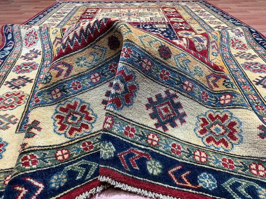 5'4" × 7'11" Hand-Knotted Kazak Wool Rug – Ivory, Red & Navy Geometric Design