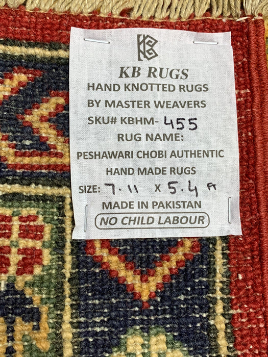 5'4" × 7'11" Hand-Knotted Kazak Wool Rug – Ivory, Red & Navy Geometric Design