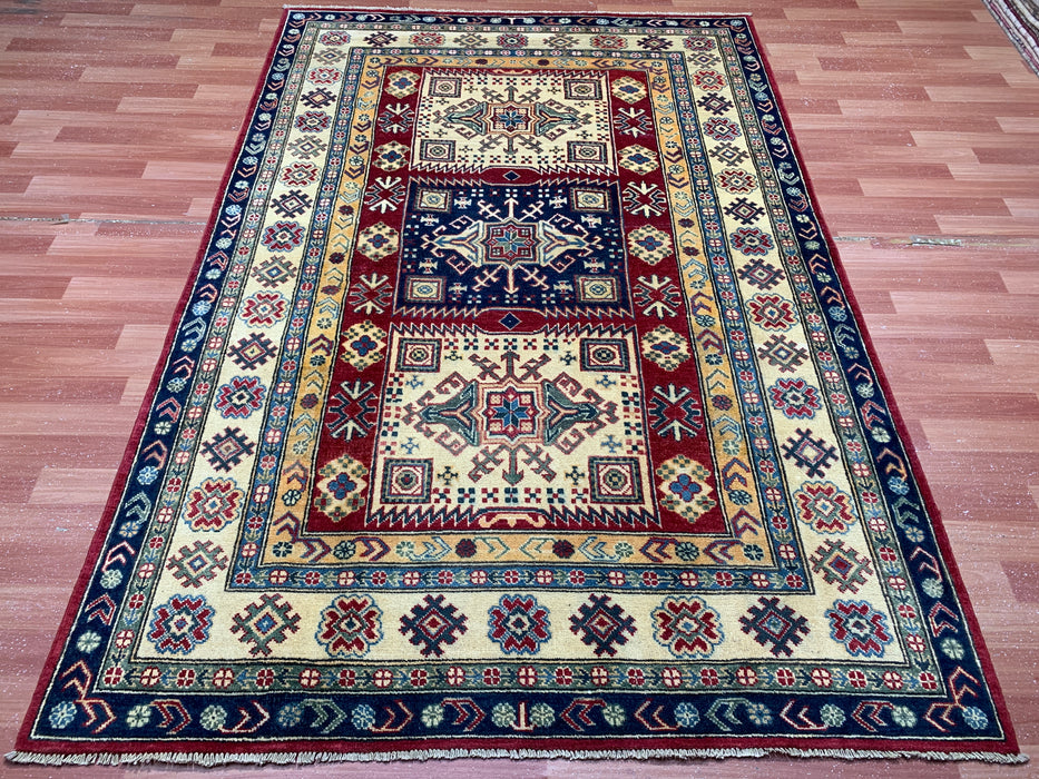 5'4" × 7'11" Hand-Knotted Kazak Wool Rug – Ivory, Red & Navy Geometric Design