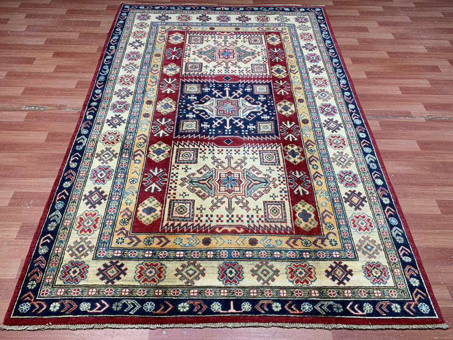 5'4" × 7'11" Hand-Knotted Kazak Wool Rug – Ivory, Red & Navy Geometric Design