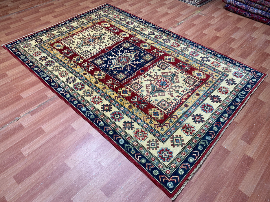 5'4" × 7'11" Hand-Knotted Kazak Wool Rug – Ivory, Red & Navy Geometric Design
