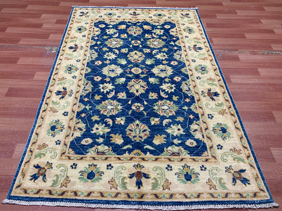 5'7" × 7'8" Hand-Knotted Ziegler Wool Rug – Black with Blue & Gold Floral Border