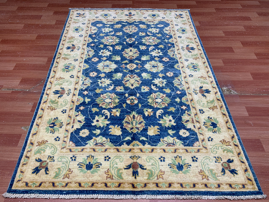 5'7" × 7'8" Hand-Knotted Ziegler Wool Rug – Black with Blue & Gold Floral Border