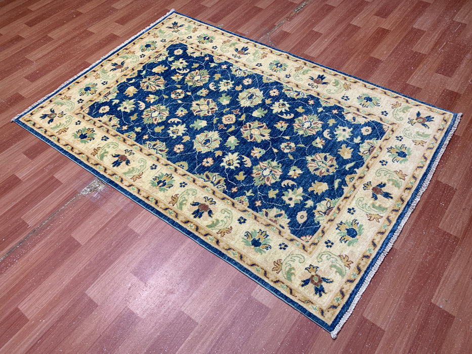 5'7" × 7'8" Hand-Knotted Ziegler Wool Rug – Black with Blue & Gold Floral Border