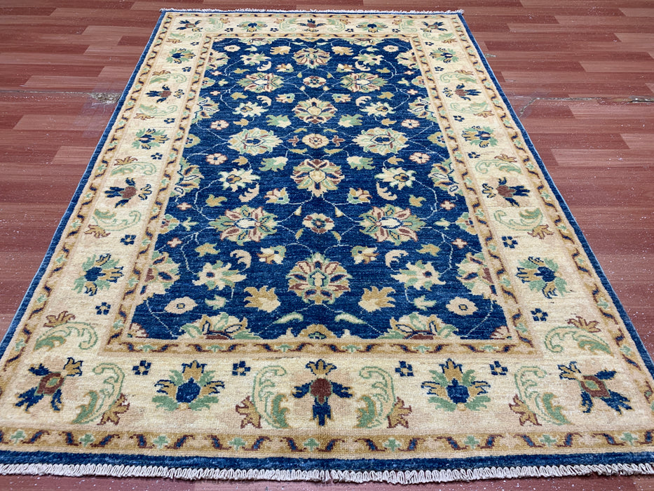 5'7" × 7'8" Hand-Knotted Ziegler Wool Rug – Black with Blue & Gold Floral Border