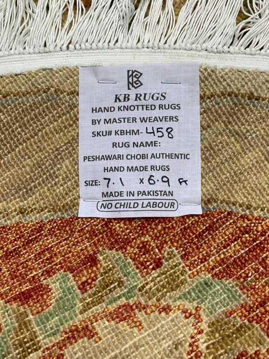 7'1" × 6'9" Hand-Knotted Round Wool Rug – Ivory & Red Floral Medallion