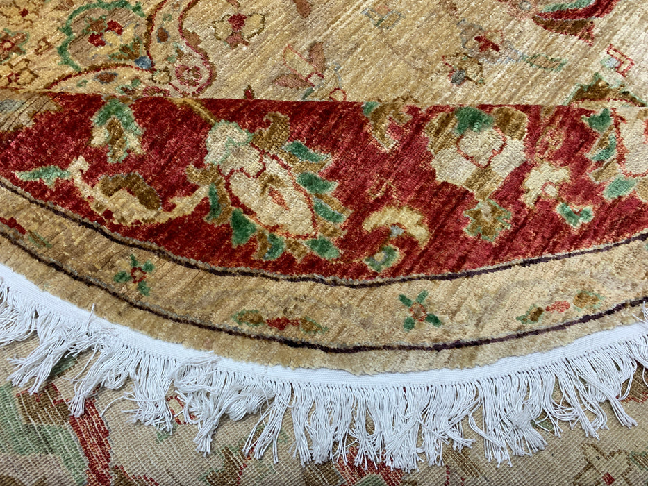 7'1" × 6'9" Hand-Knotted Round Wool Rug – Ivory & Red Floral Medallion