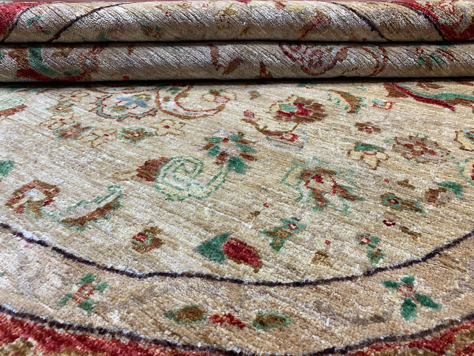 7'1" × 6'9" Hand-Knotted Round Wool Rug – Ivory & Red Floral Medallion