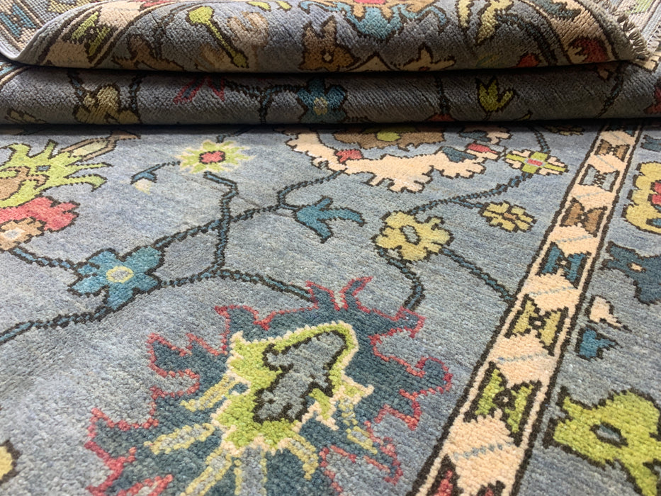 4'10" × 6'8" Hand-Knotted Ziegler Wool Rug – Soft Blue with Multicolor Floral Motifs