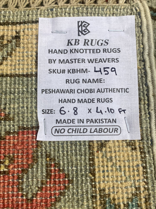 4'10" × 6'8" Hand-Knotted Ziegler Wool Rug – Soft Blue with Multicolor Floral Motifs