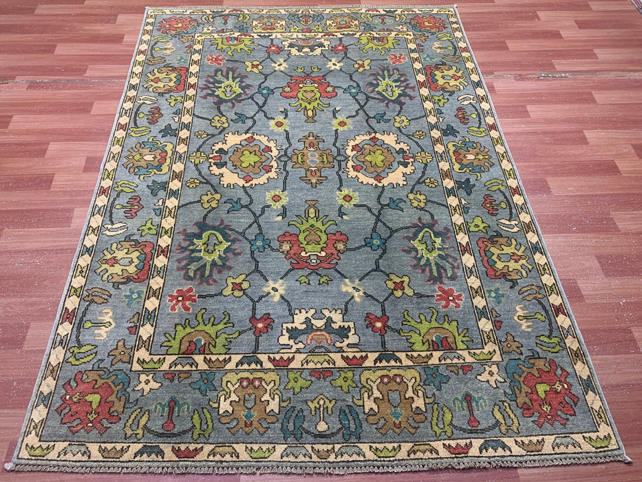 4'10" × 6'8" Hand-Knotted Ziegler Wool Rug – Soft Blue with Multicolor Floral Motifs