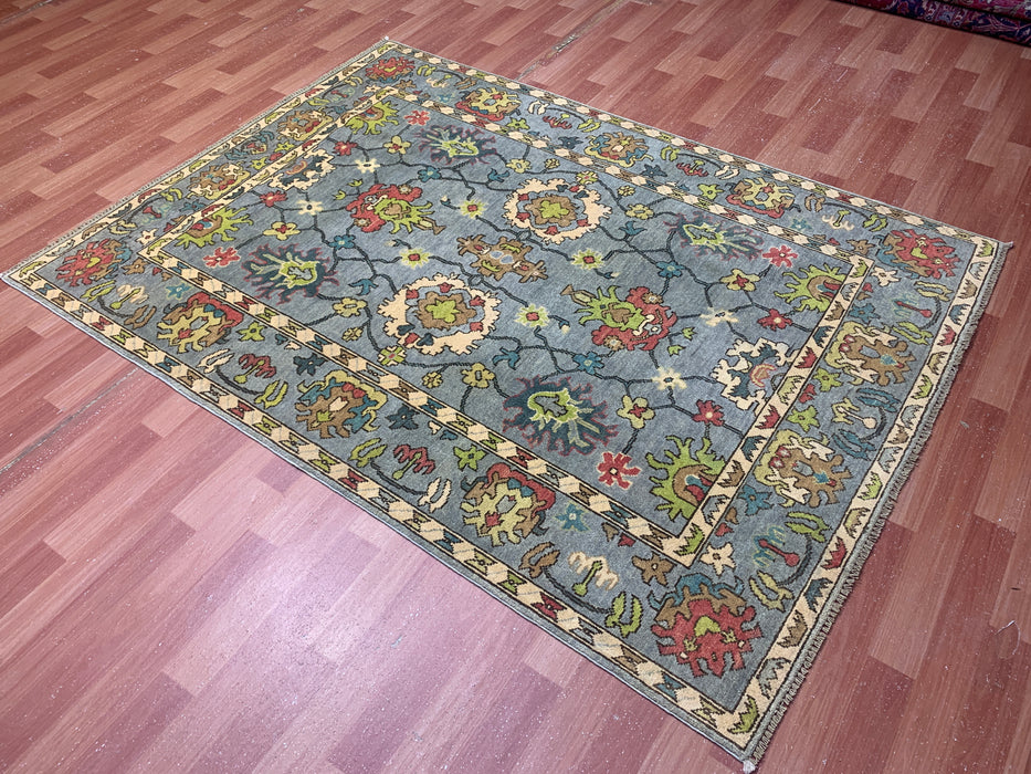 4'10" × 6'8" Hand-Knotted Ziegler Wool Rug – Soft Blue with Multicolor Floral Motifs